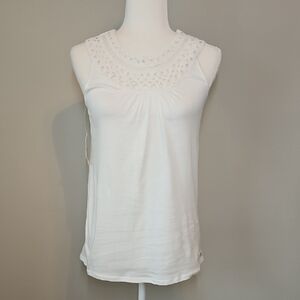 New York & Company White Crochet Neck Tank Top